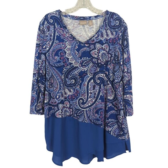 Chico's Blue Paisley Print V-Neck with sheer Chiffon hem Tunic Chico's 2 Sz 12‎ - Picture 1 of 14